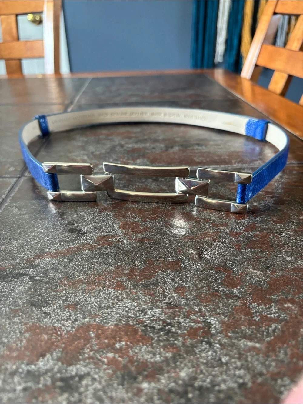 White House Black Market Blue Leather Belt with Silver Chain-Link Hardware
